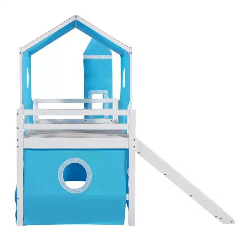 Lit mezzanine double Plyhouse avec toboggan, Cadre de lit en bois Château avec tente et tour pour enfants garçons filles adolescents, Bleu