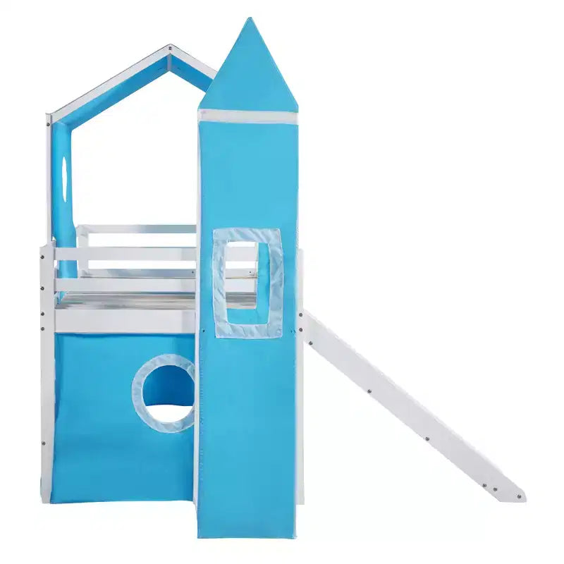Lit mezzanine double Plyhouse avec toboggan, Cadre de lit en bois Château avec tente et tour pour enfants garçons filles adolescents, Bleu
