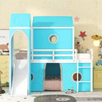 Lit mezzanine double Plyhouse avec toboggan, Cadre de lit en bois Château avec tente et tour pour enfants garçons filles adolescents, Bleu