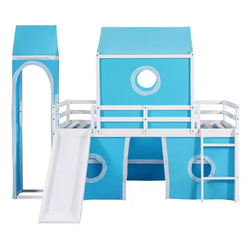 Lit mezzanine double Plyhouse avec toboggan, Cadre de lit en bois Château avec tente et tour pour enfants garçons filles adolescents, Bleu