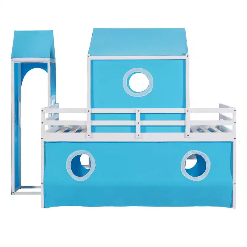 Lit mezzanine double Plyhouse avec toboggan, Cadre de lit en bois Château avec tente et tour pour enfants garçons filles adolescents, Bleu