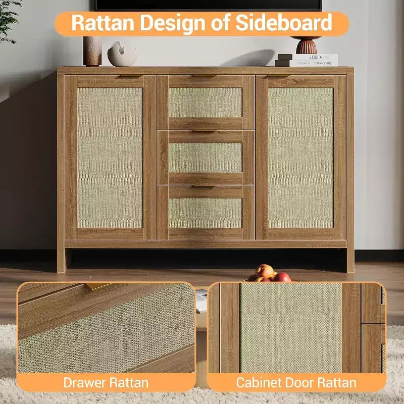 Meuble de rangement moderne en rotin COZONY, buffet 47" avec tiroirs et portes, organiseur de maison polyvalent, 3 pièces expédiées en 3 cartons
