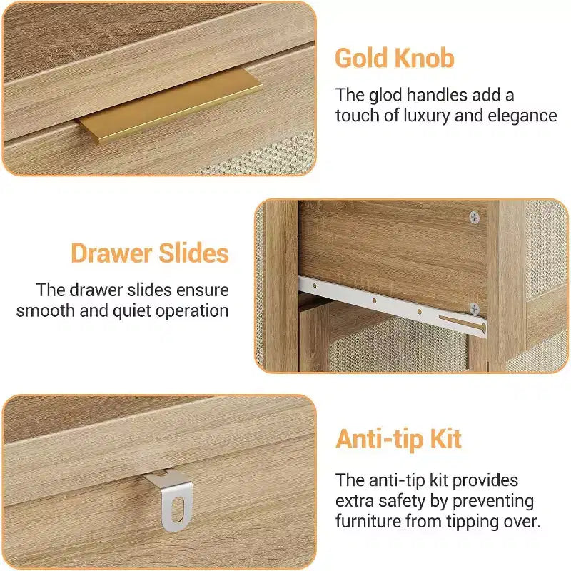 Meuble de rangement moderne en rotin COZONY, buffet 47" avec tiroirs et portes, organiseur de maison polyvalent, 3 pièces expédiées en 3 cartons