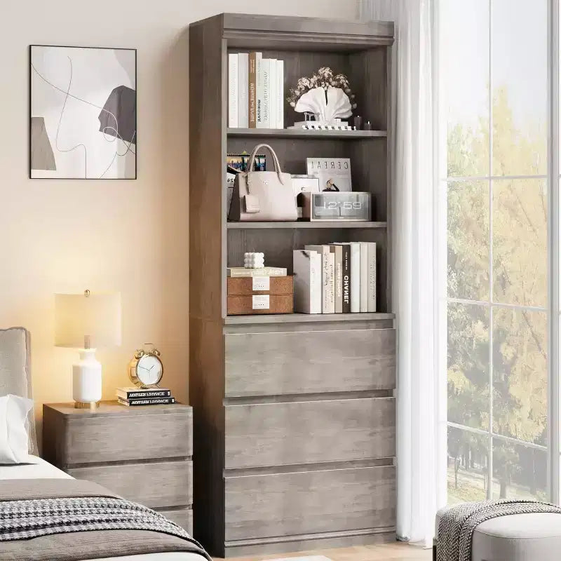 COZONY Bibliothèque haute de 178 cm avec 3 tiroirs et 3 étagères ouvertes - Meuble de rangement moderne en bois pour salon, bureau