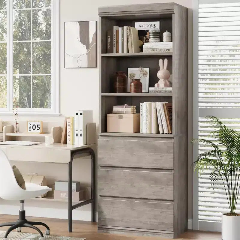 COZONY Bibliothèque haute de 178 cm avec 3 tiroirs et 3 étagères ouvertes - Meuble de rangement moderne en bois pour salon, bureau