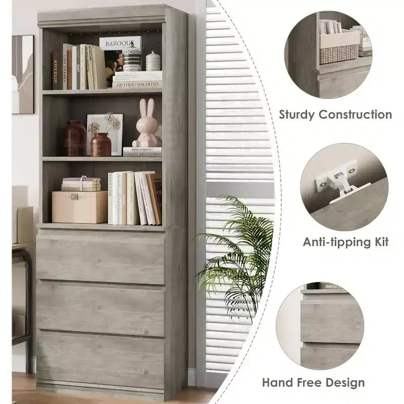COZONY Bibliothèque haute de 178 cm avec 3 tiroirs et 3 étagères ouvertes - Meuble de rangement moderne en bois pour salon, bureau