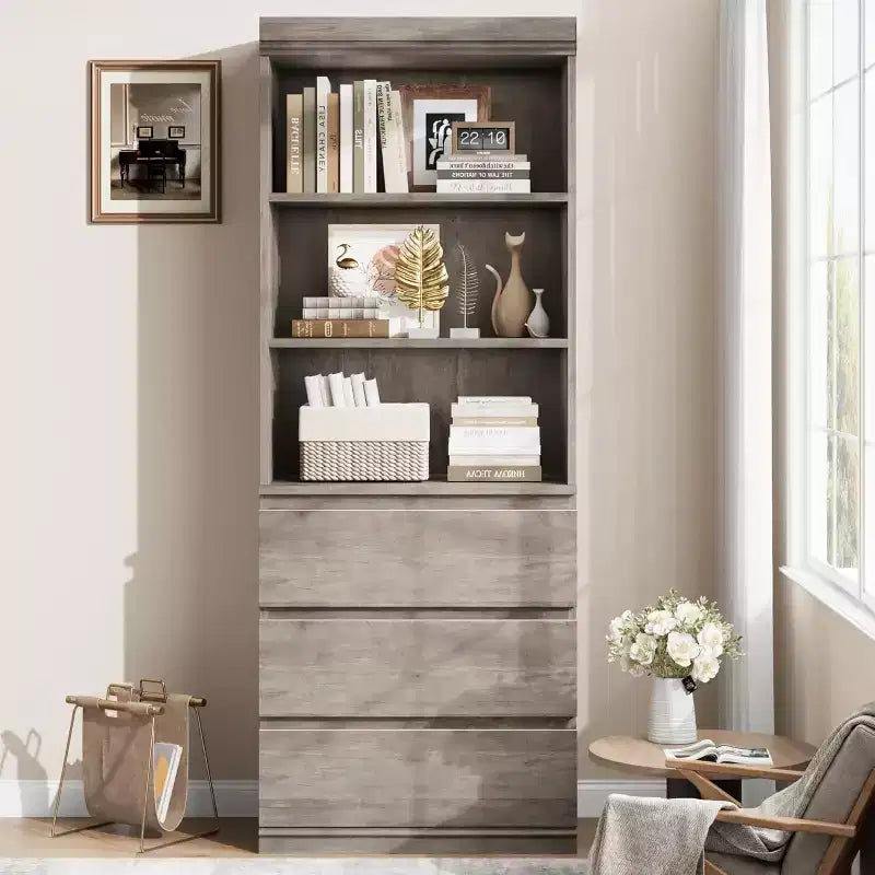 COZONY Bibliothèque haute de 178 cm avec 3 tiroirs et 3 étagères ouvertes - Meuble de rangement moderne en bois pour salon, bureau
