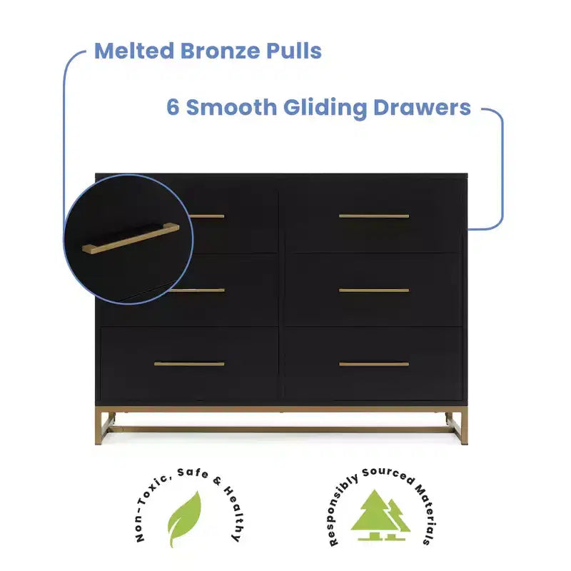 Commode Delta Children Jade à 6 tiroirs avec tiroirs emboîtables, ébène avec bronze fondu