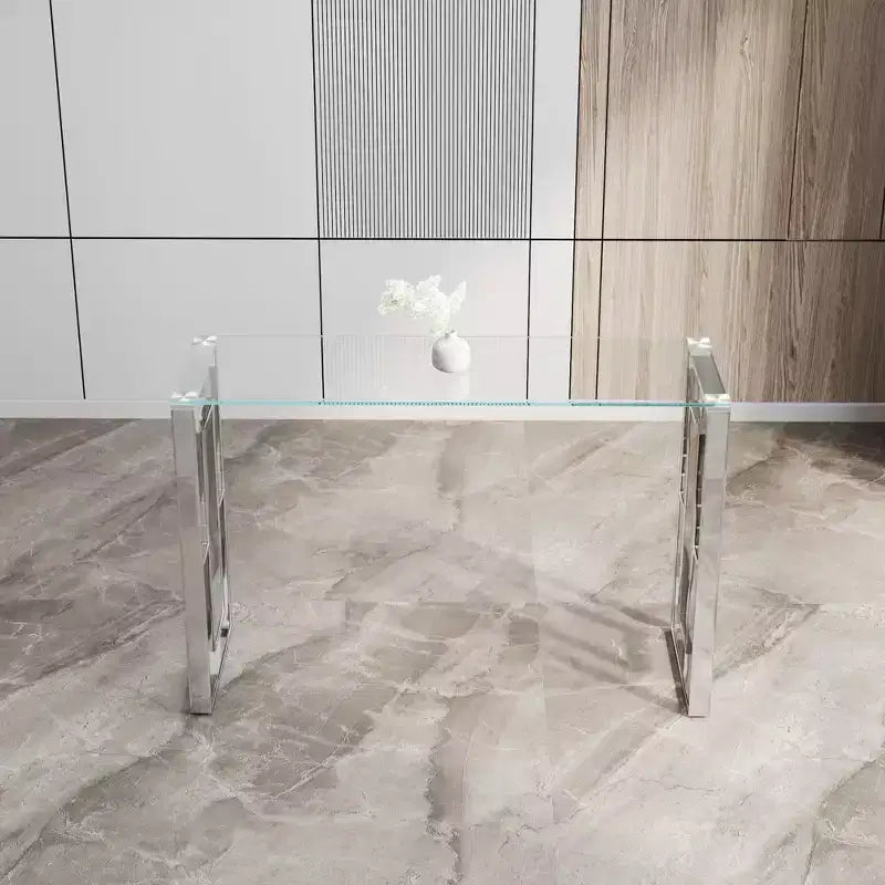 Console moderne Okak 47 pouces avec plateau en verre, table d'entrée avec pieds en acier inoxydable, table d'appoint pour salon, couloir