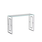 Console moderne Okak 47 pouces avec plateau en verre, table d'entrée avec pieds en acier inoxydable, table d'appoint pour salon, couloir