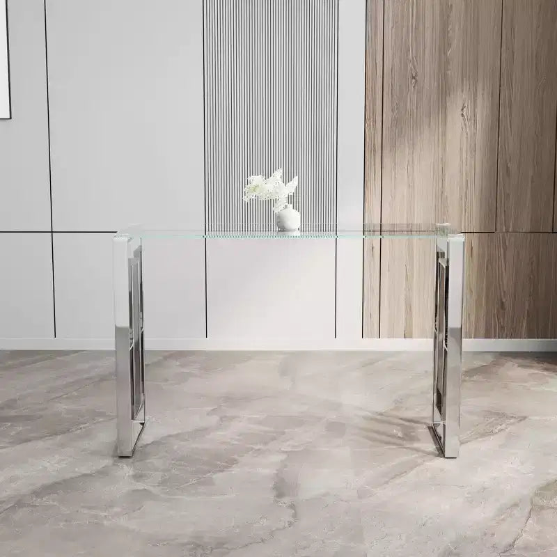Console moderne Okak 47 pouces avec plateau en verre, table d'entrée avec pieds en acier inoxydable, table d'appoint pour salon, couloir