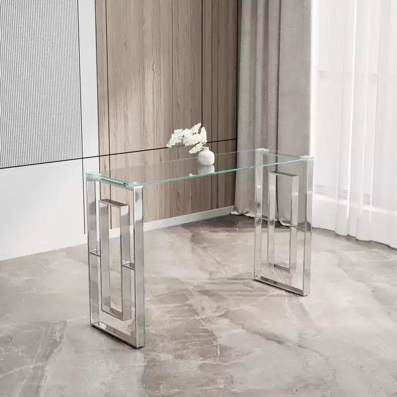 Console moderne Okak 47 pouces avec plateau en verre, table d'entrée avec pieds en acier inoxydable, table d'appoint pour salon, couloir