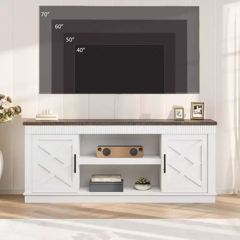 Meuble TV de ferme COZONY avec portes de grange cannelées et rangement pour salon