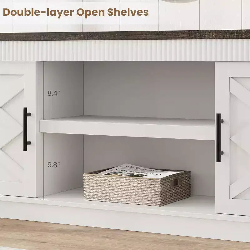 Meuble TV de ferme COZONY avec portes de grange cannelées et rangement pour salon