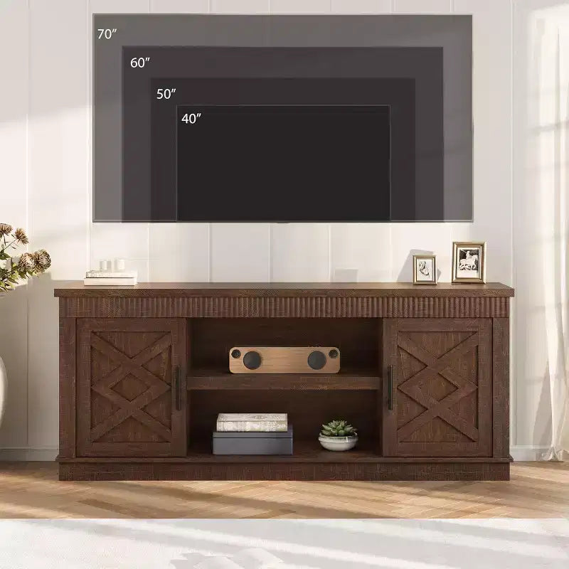 Meuble TV de ferme COZONY avec portes de grange cannelées et rangement pour salon