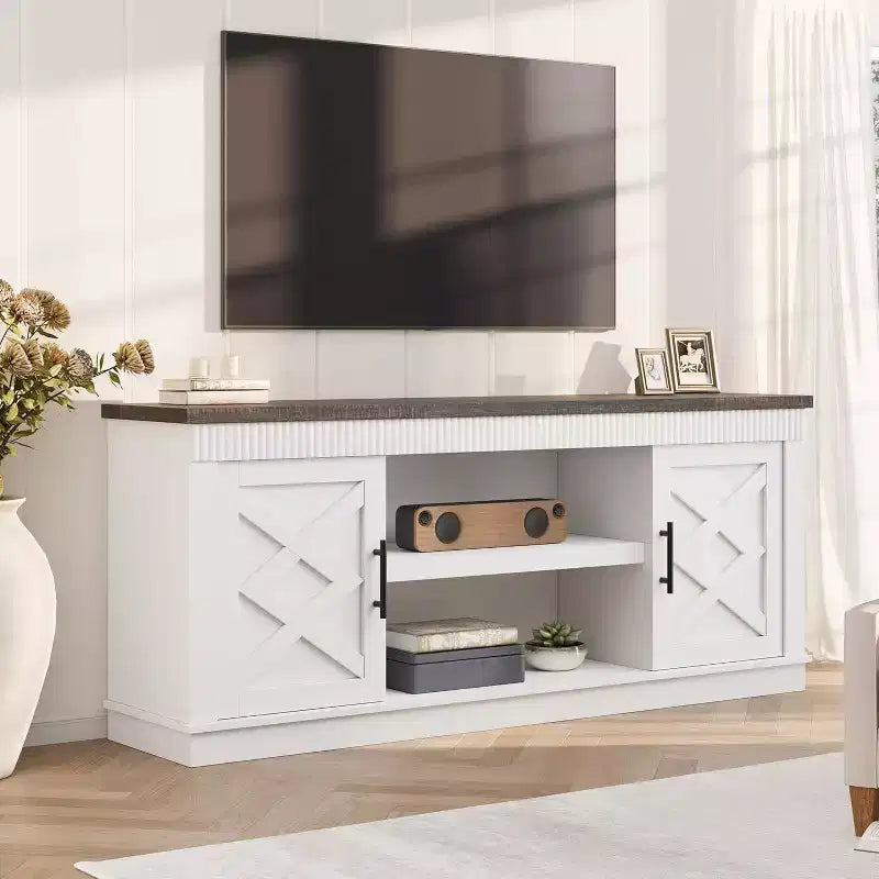 Meuble TV de ferme COZONY avec portes de grange cannelées et rangement pour salon