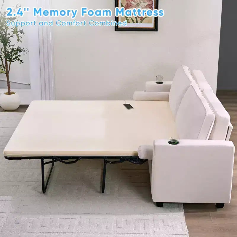 Canapé-lit Mjkone convertible avec matelas en mousse à mémoire de forme, porte-gobelets, ports de chargement USB