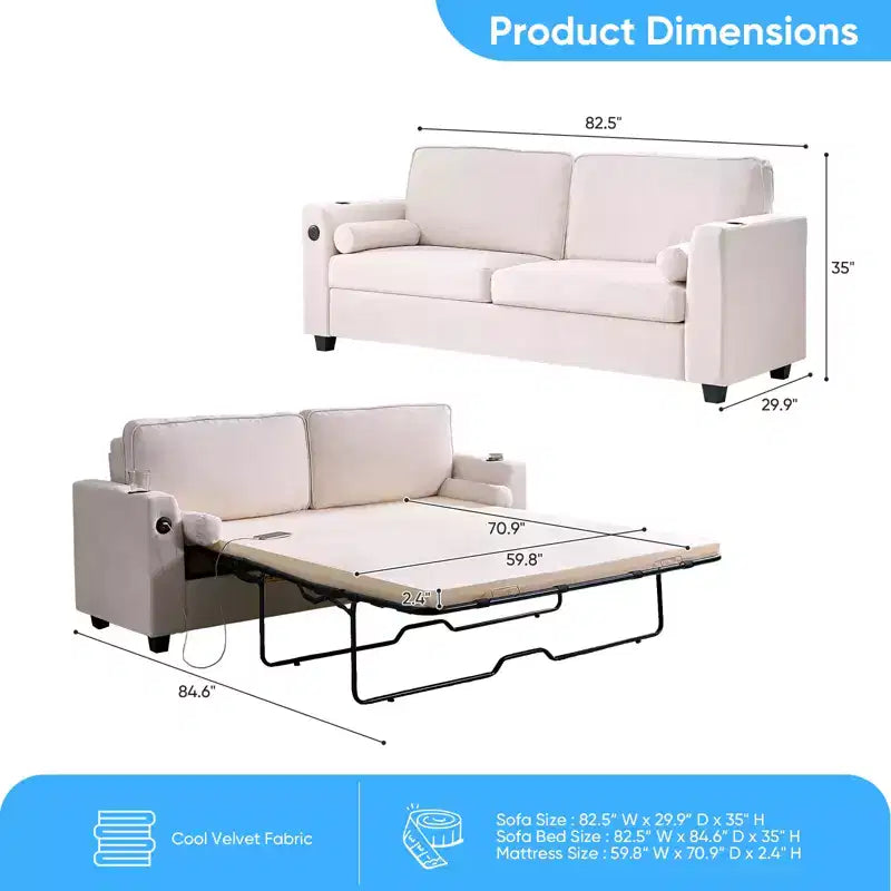 Canapé-lit Mjkone convertible avec matelas en mousse à mémoire de forme, porte-gobelets, ports de chargement USB