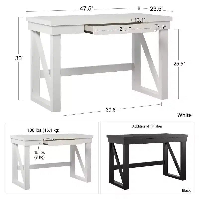 Okak Bureau d'ordinateur moderne 120 cm avec pieds renforcés, bureau avec 1 tiroir, bureau debout pour salon, bureau, étude, blanc