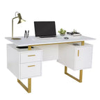 Okak 51.25IN Modern Office Desk with Golden Legs, Standing Desk with 2 Drawer and 1 Cabinet Door, Computer Desk for Living Room, Study, Golden+White