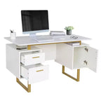 Bureau moderne Okak 51,25" avec pieds dorés, bureau debout avec 2 tiroirs et 1 porte d'armoire, bureau d'ordinateur pour salon, bureau, doré et blanc