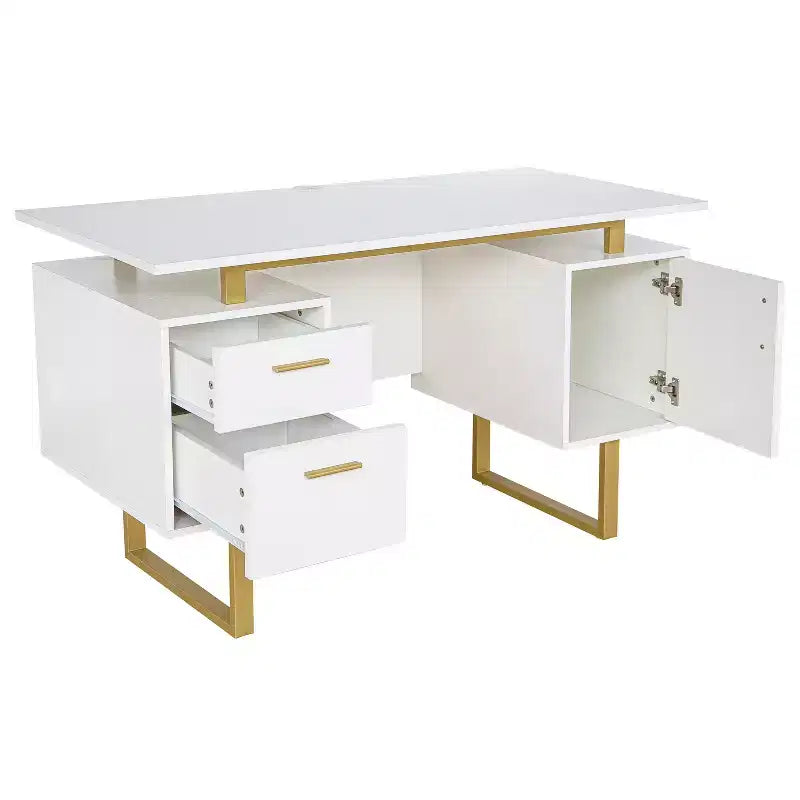 Bureau moderne Okak 51,25" avec pieds dorés, bureau debout avec 2 tiroirs et 1 porte d'armoire, bureau d'ordinateur pour salon, bureau, doré et blanc