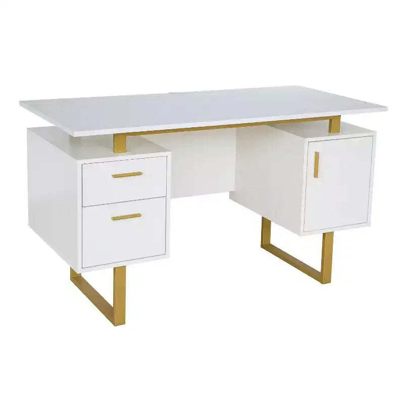 Bureau moderne Okak 51,25" avec pieds dorés, bureau debout avec 2 tiroirs et 1 porte d'armoire, bureau d'ordinateur pour salon, bureau, doré et blanc