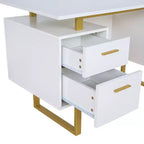 Bureau moderne Okak 51,25" avec pieds dorés, bureau debout avec 2 tiroirs et 1 porte d'armoire, bureau d'ordinateur pour salon, bureau, doré et blanc