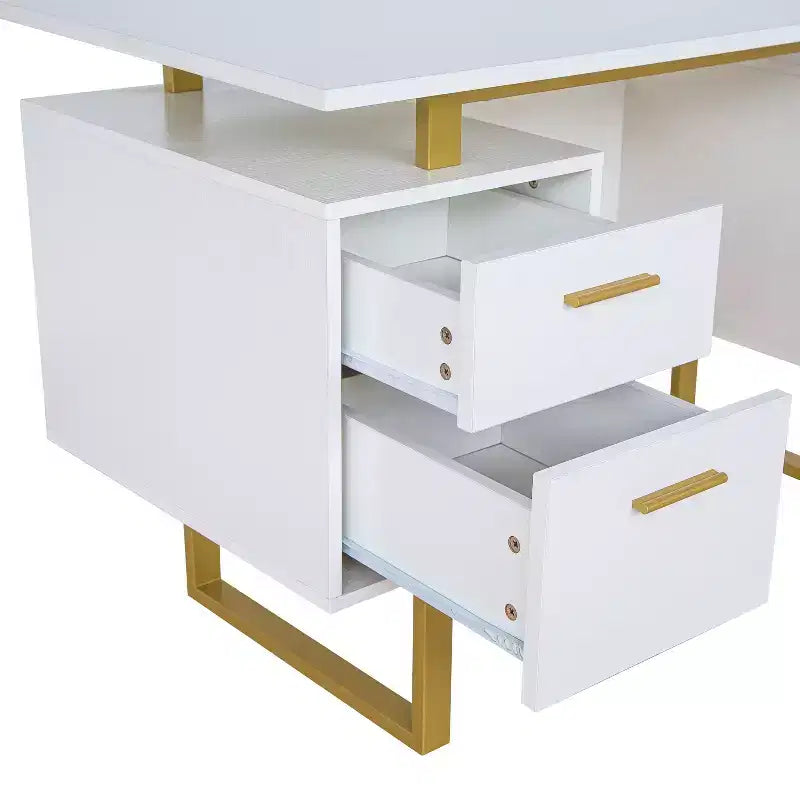 Bureau moderne Okak 51,25" avec pieds dorés, bureau debout avec 2 tiroirs et 1 porte d'armoire, bureau d'ordinateur pour salon, bureau, doré et blanc