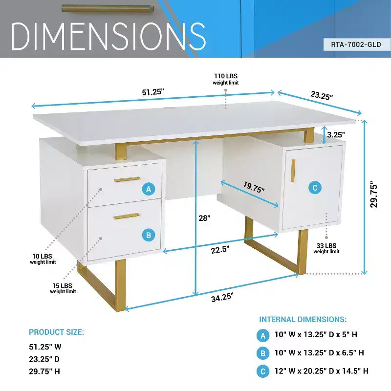 Bureau moderne Okak 51,25" avec pieds dorés, bureau debout avec 2 tiroirs et 1 porte d'armoire, bureau d'ordinateur pour salon, bureau, doré et blanc
