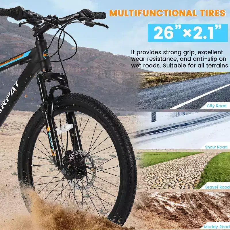 VTT Zeus & Ruta 26 avec 21 vitesses, double suspension, cadre en acier à haute teneur en carbone, pour adultes et adolescents