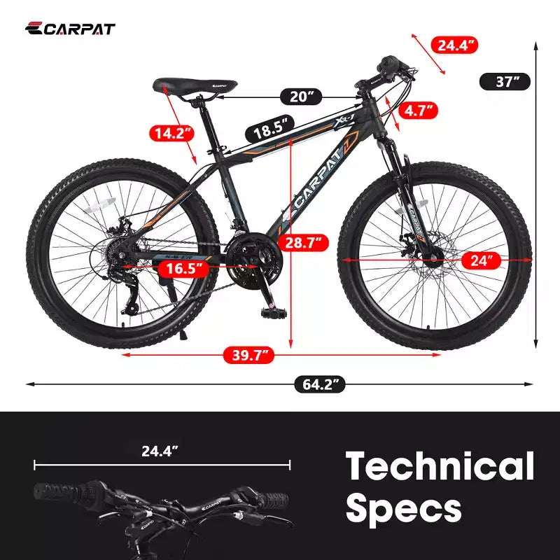 VTT Zeus & Ruta 24 avec 21 vitesses, double frein à disque, cadre en acier durable pour garçons et filles