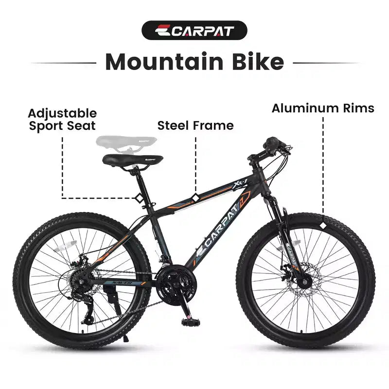 VTT Zeus & Ruta 24 avec 21 vitesses, double frein à disque, cadre en acier durable pour garçons et filles