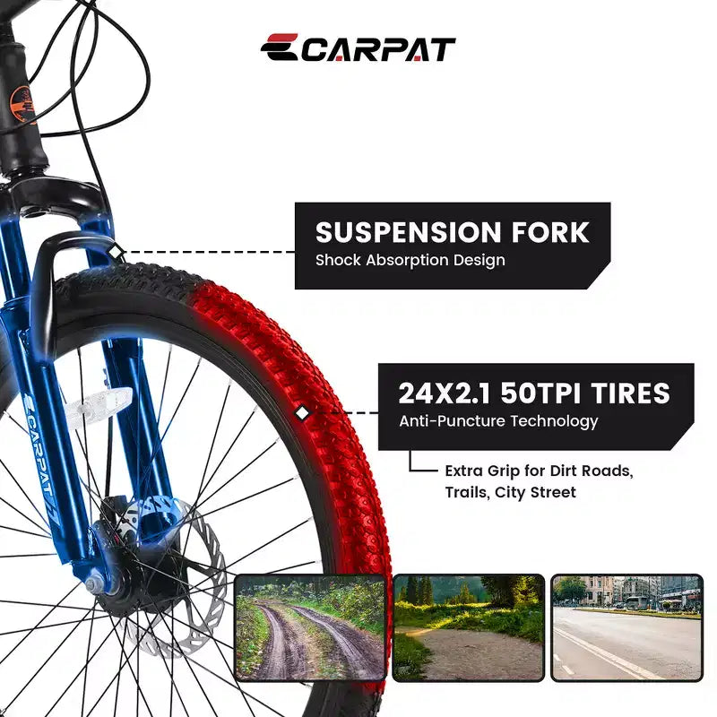 VTT Zeus & Ruta 24 avec 21 vitesses, double frein à disque, cadre en acier durable pour garçons et filles
