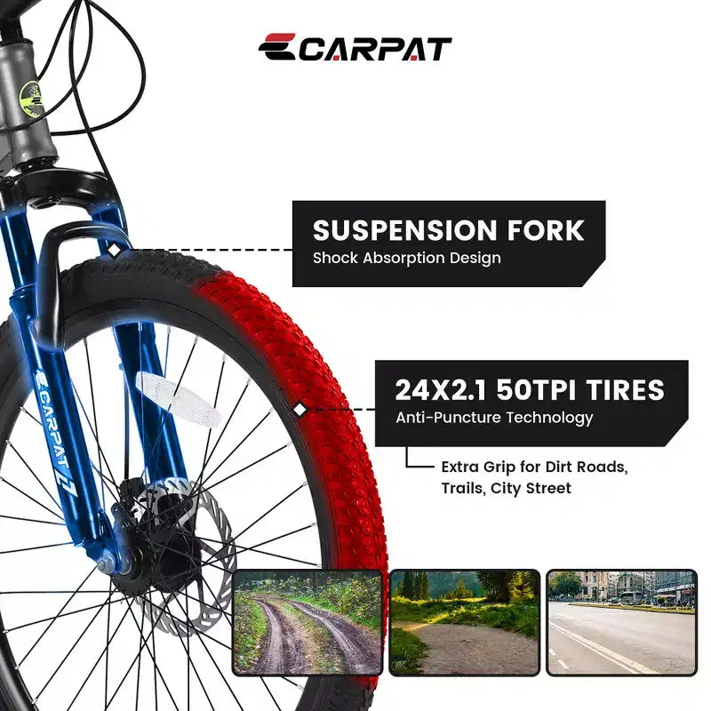 VTT Zeus & Ruta 24 avec 21 vitesses, double frein à disque, cadre en acier durable pour garçons et filles