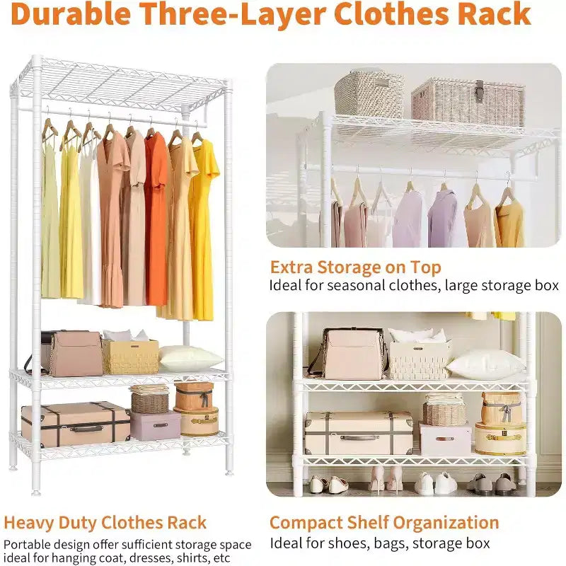 Portant à Vêtements Autonome, Tringle à Vêtements avec Barre, Organisateur de Rangement de Placard Réglable à 3 Niveaux, Armoire pour Chambre, Dortoir, Buanderie