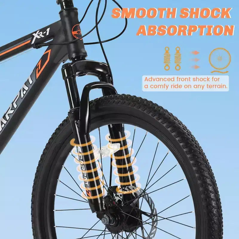 NAYSAYE Vélo tout-terrain 24 pouces 21 vitesses avec double frein à disque, cadre en acier, pour adultes, pour l'aventure en extérieur, noir et orange, 56.3*7.88*28.35
