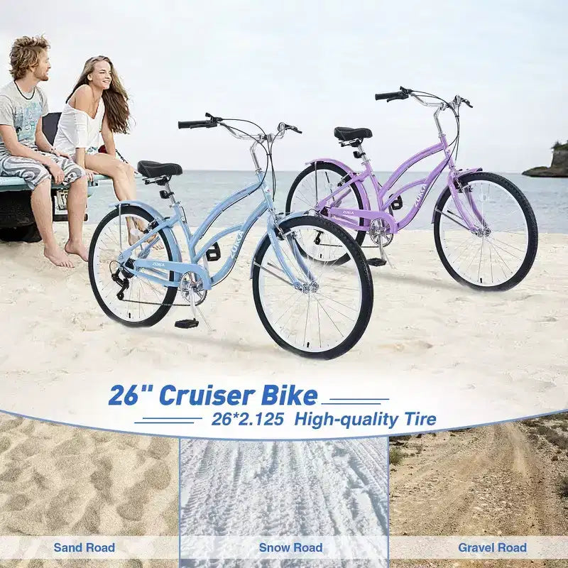 Whisen 26 Adultes Femmes Vélos de Plein Air, Vélo de Plage avec Cadre en Acier et Cadre Bas Incliné, 7 Vitesses