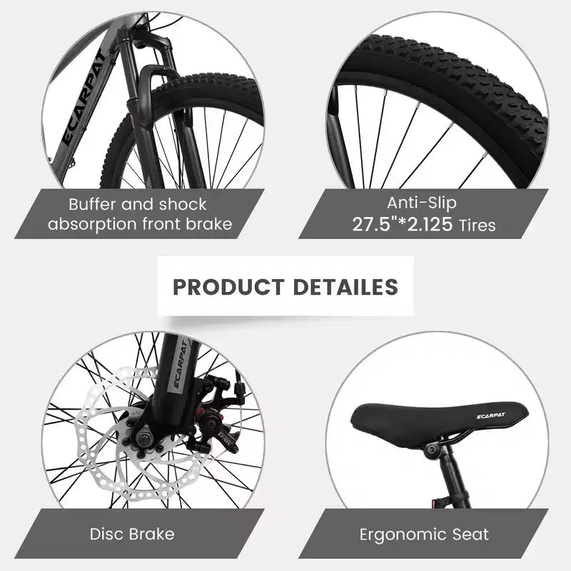 Whisen VTT 27 pouces 21 vitesses, fourche à suspension, cadre en aluminium, frein à disque - Gris