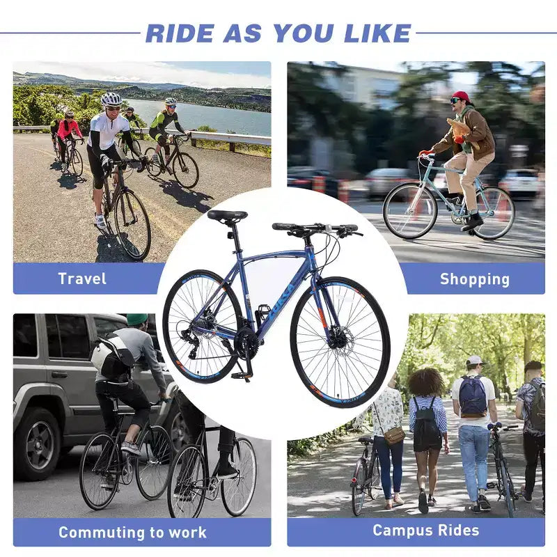 Vélo hybride adulte Whisen 28, vélo de route avec vitesses 24 rapports, freins à disque