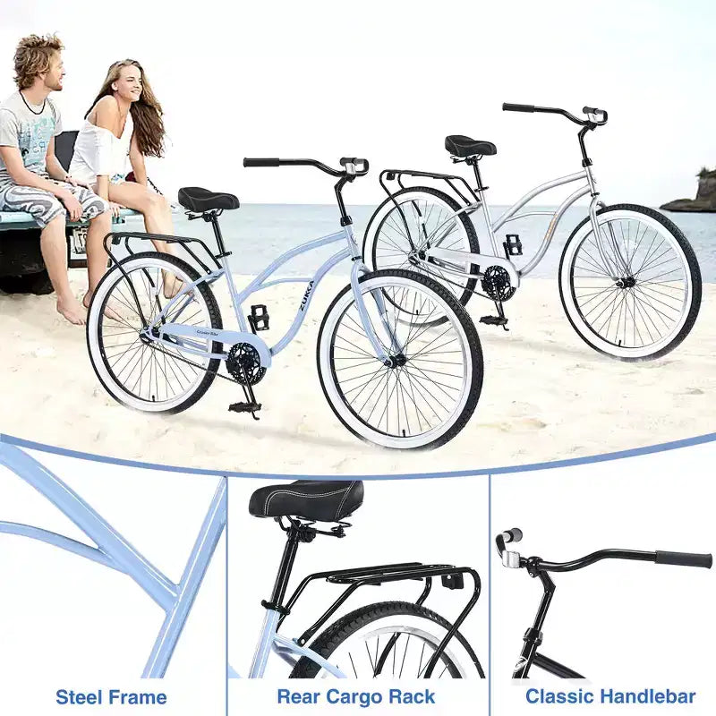 Vélo de plage Whisen 26 pour hommes, vélo à vitesse unique avec cadre en acier, roues larges pour la stabilité