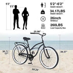 Vélo de plage Whisen 26 pour hommes, vélo à vitesse unique avec cadre en acier, roues larges pour la stabilité