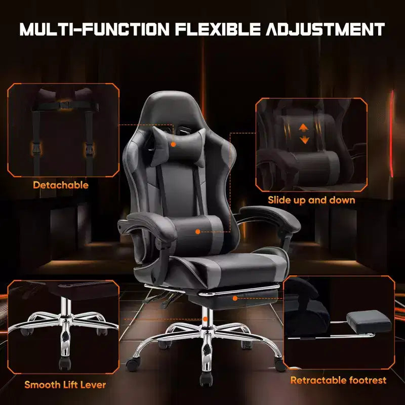 Chaise de jeu ergonomique Okak avec repose-pieds et soutien lombaire, chaise d'ordinateur avec appuie-tête et accoudoir, chaise à roulettes pour l'étude et le bureau