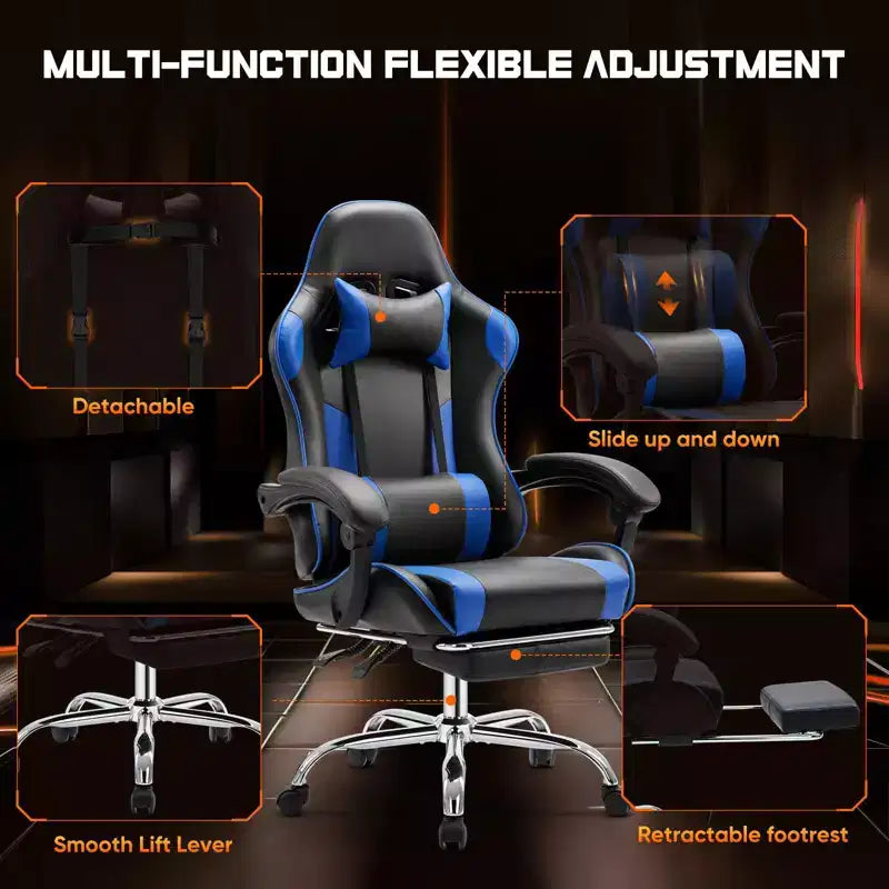 Chaise de jeu ergonomique Okak avec repose-pieds et soutien lombaire, chaise d'ordinateur avec appuie-tête et accoudoir, chaise à roulettes pour l'étude et le bureau