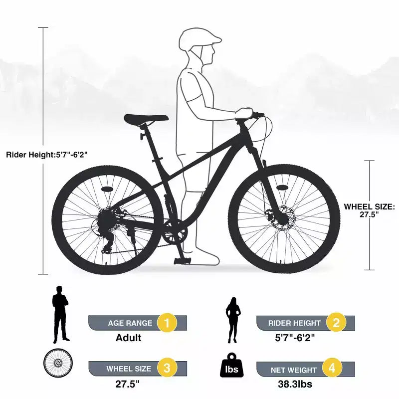 VTT Whisen 27.5 avec dérailleur arrière 8 vitesses, suspension avant, cadre en acier
