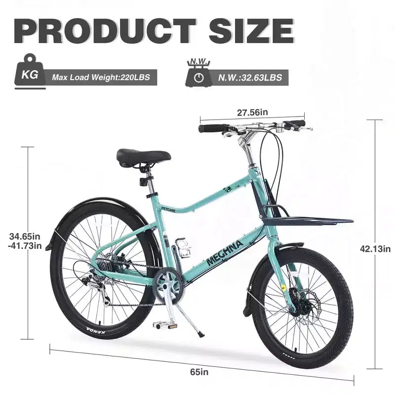 Vélo Cargo Whisen 26 avec 7 Vitesses, Cadre en Alliage d'Aluminium, Double Frein à Disque pour Femmes et Hommes