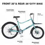 Vélo Cargo Whisen 26 avec 7 Vitesses, Cadre en Alliage d'Aluminium, Double Frein à Disque pour Femmes et Hommes