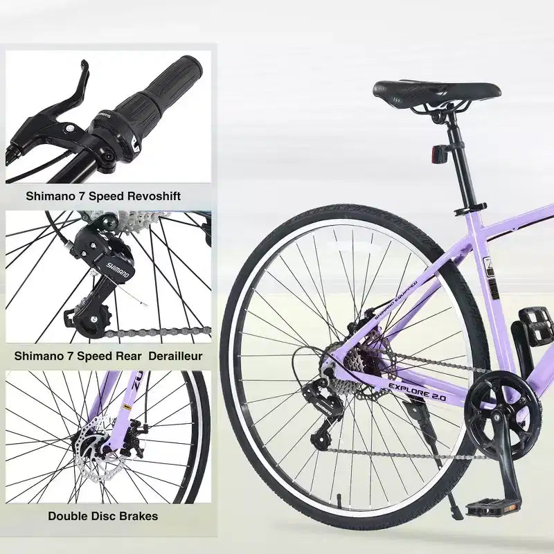 Vélo de route Whisen 28, vélo de ville hybride avec cadre en alliage d'aluminium Shimano 7 vitesses et freins à double disque