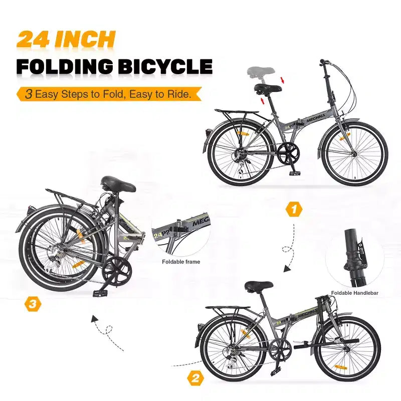 Vélo pliant de ville Whisen 24, vélos adultes avec Shimano 7 vitesses, cadre en acier