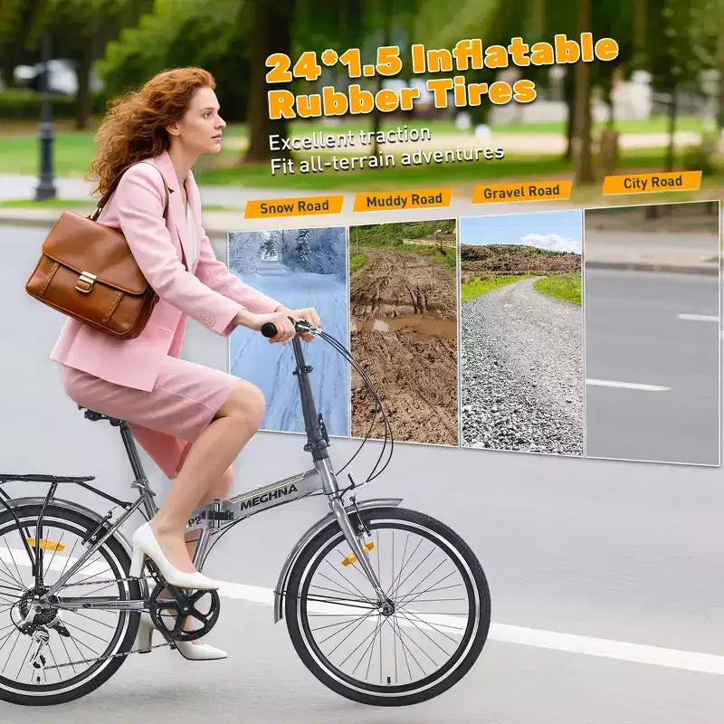 Vélo pliant de ville Whisen 24, vélos adultes avec Shimano 7 vitesses, cadre en acier